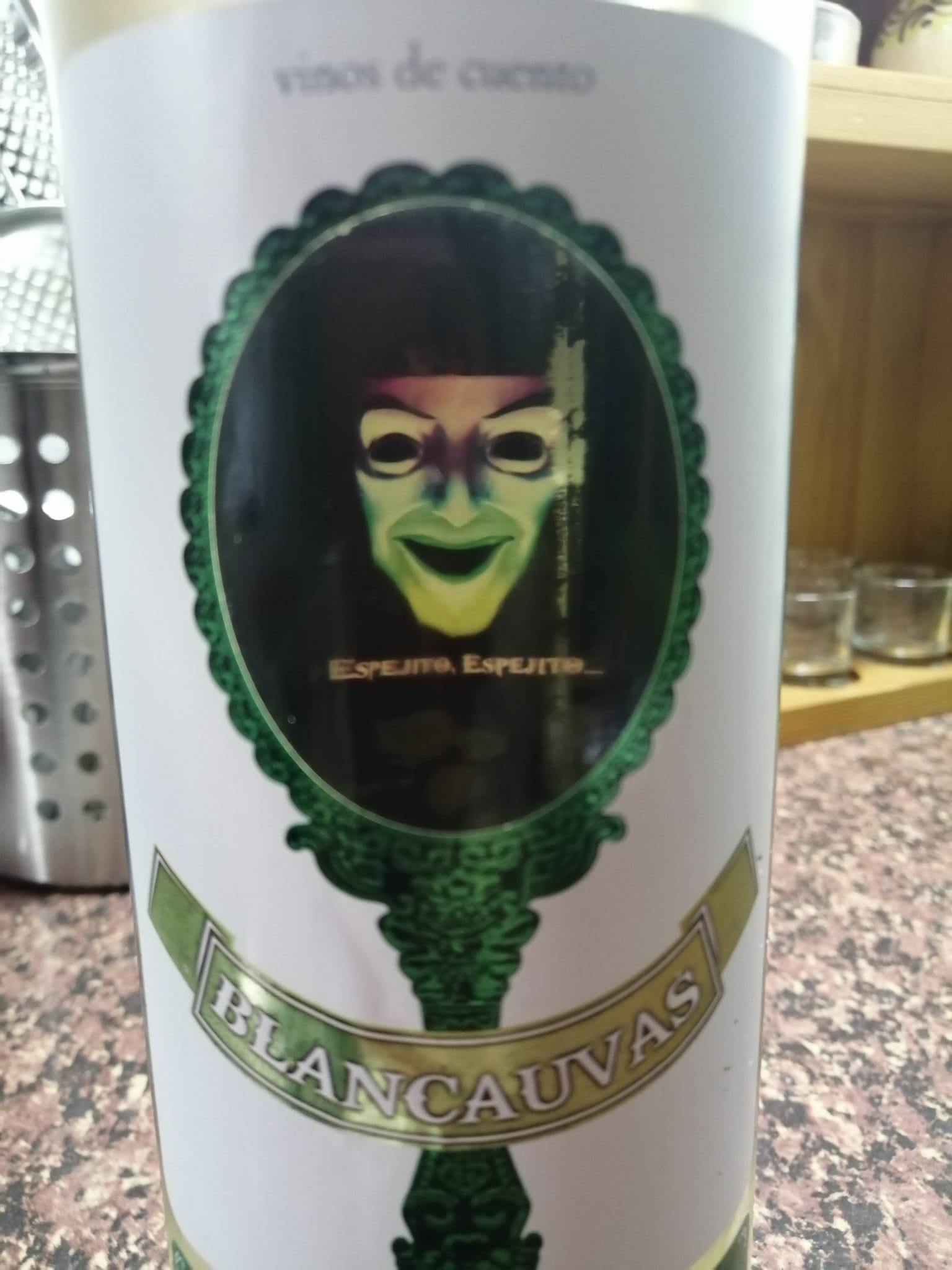Local Spanish wine bottle on kitchen counter in Arenales Del Sol