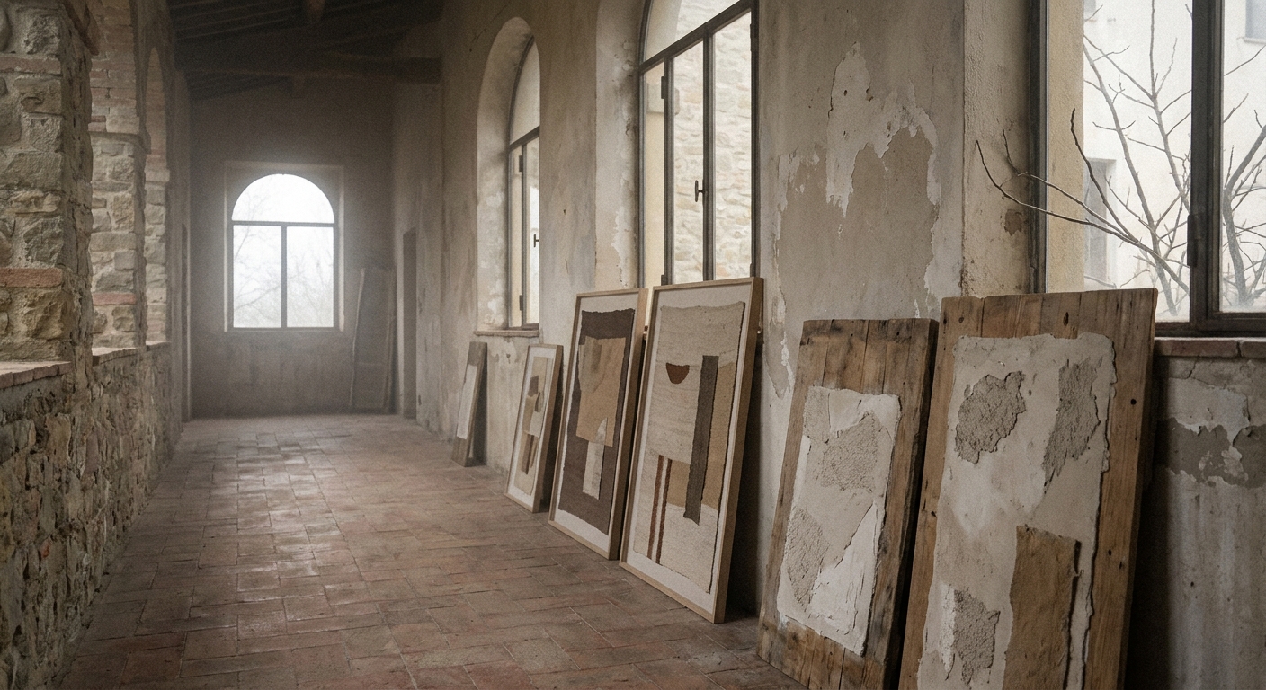 Residency corridor — works propped against the wall, still warm with presence