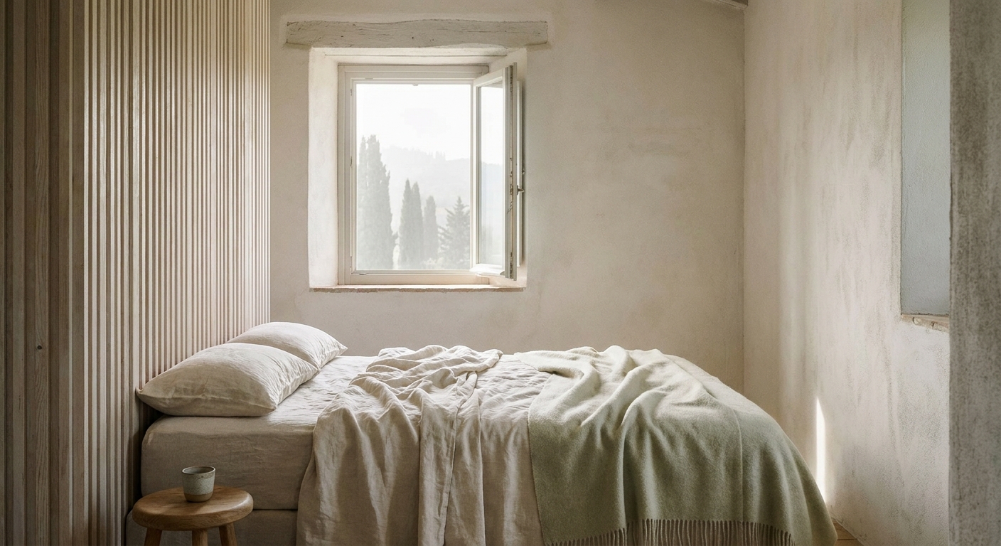 Bedroom — austere white, wood, morning