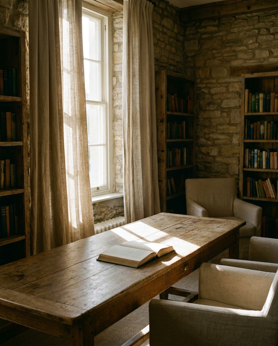 The library — morning light on the desk