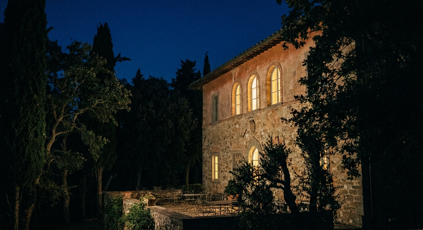Villa by night — a few windows lit like a promise