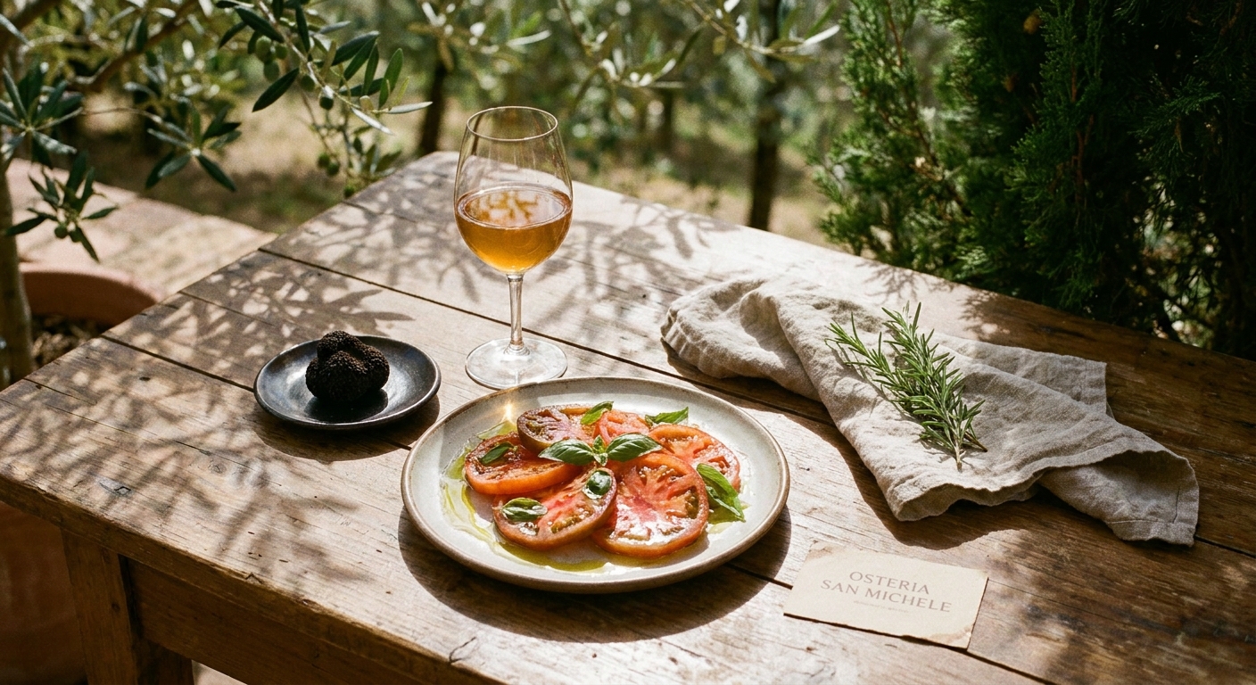 Osteria — tomatoes, olive oil, leaf-shadow; everything happens in the light